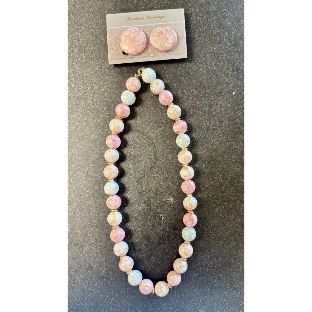 Vintage Pastel Beaded Necklace & Matching Clip-On Earrings